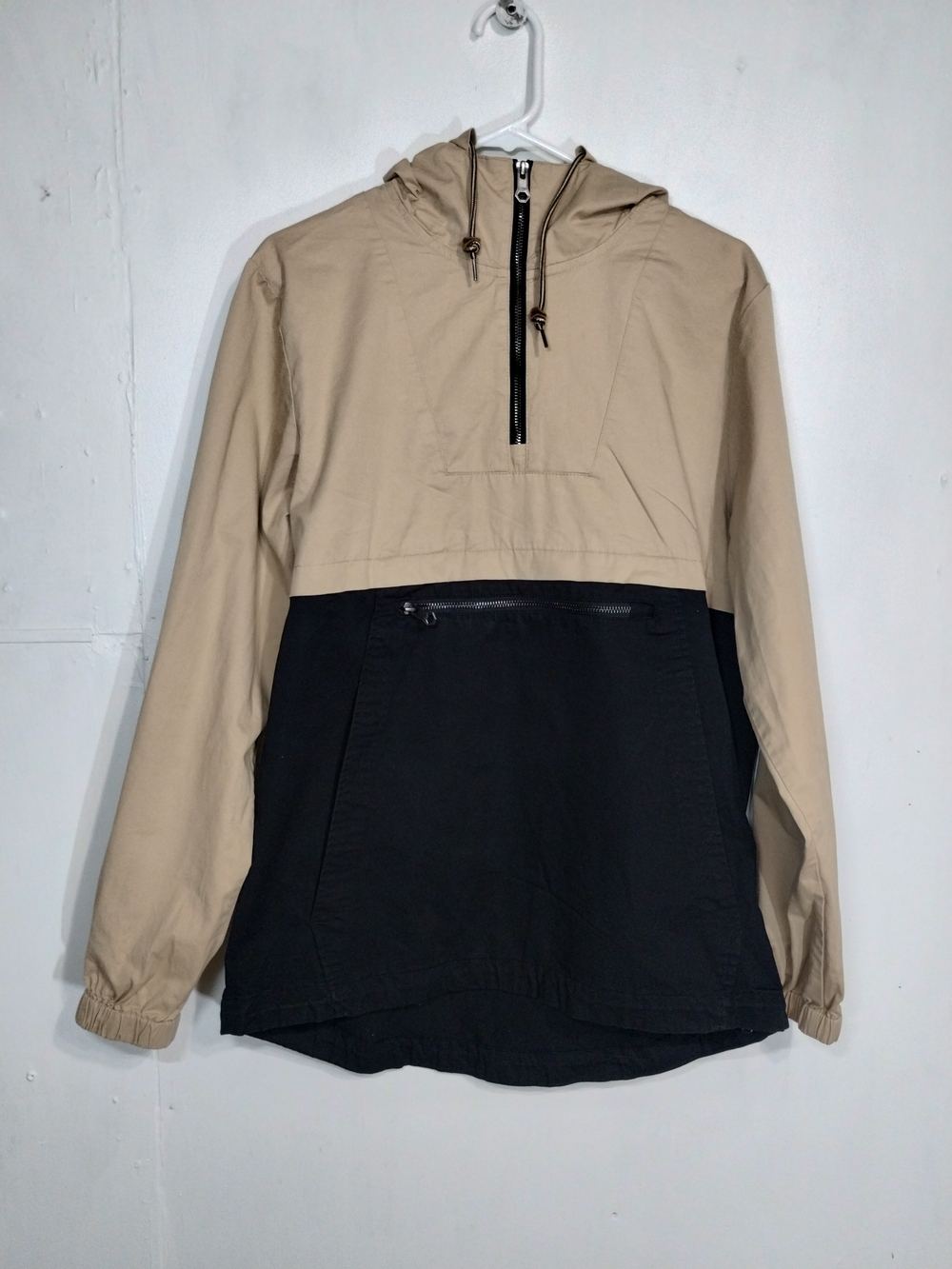 Men's Two-Tone Hooded Windbreaker - Beige & Black